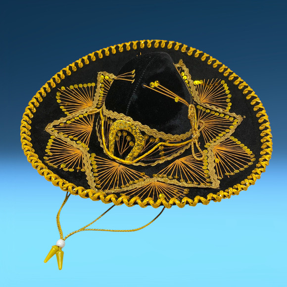Vintage Pigalle Mexican Sombrero Mariachi Hat Black Gold 18